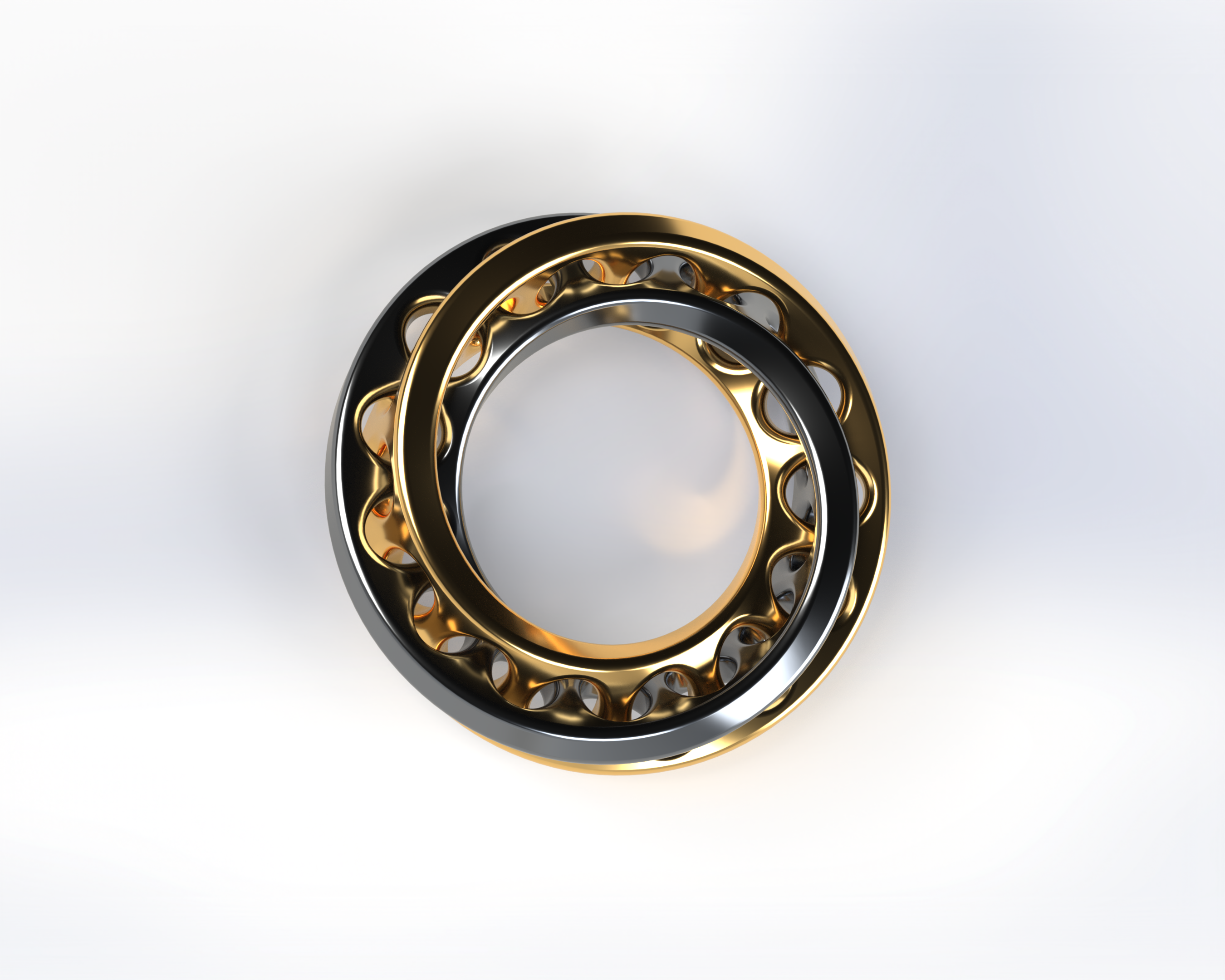 Rendered Mobius ring — interlocking gold and polished steel bands with a scalloped inner face