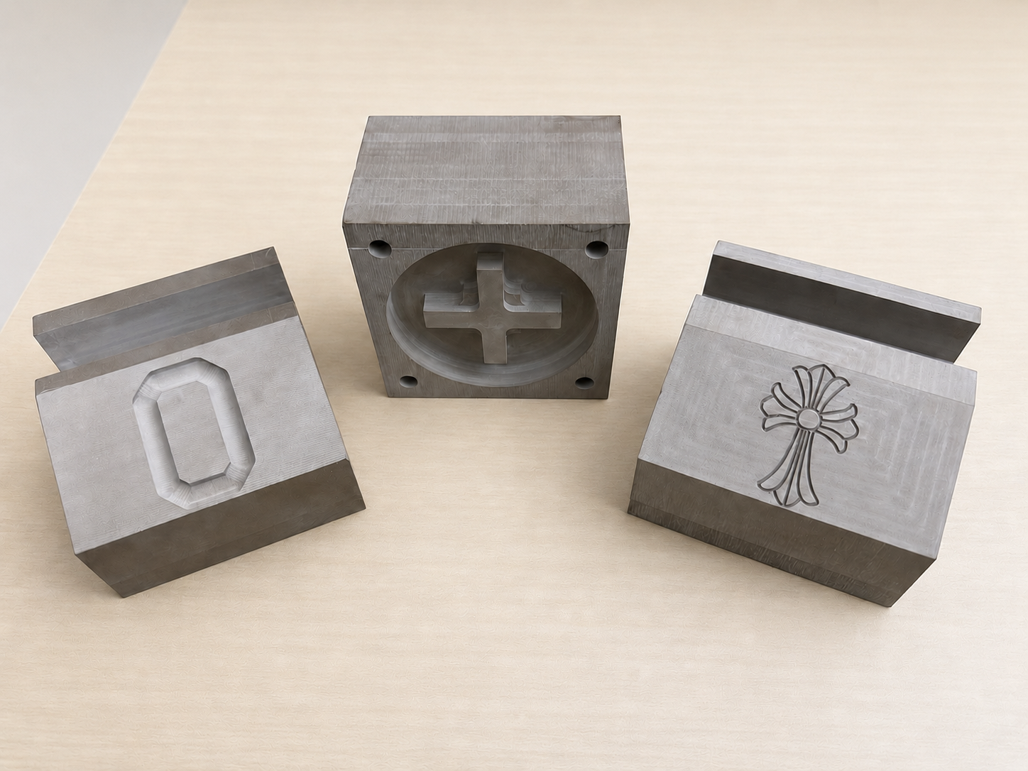 Three machined metal mould blocks — a block O, a cross, and a decorative cross