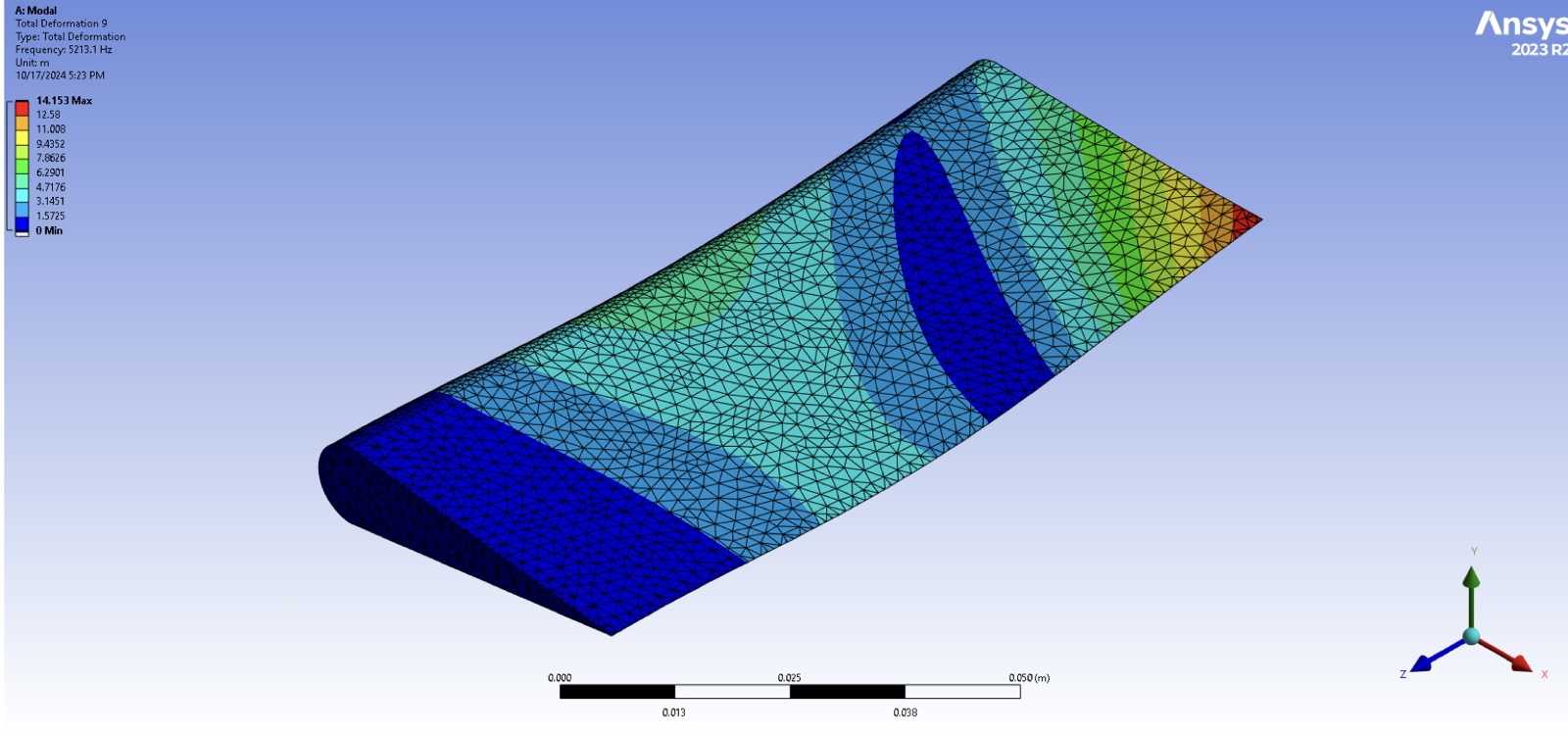 Ansys contour plot of airfoil mode 4 at 5213.1 Hz