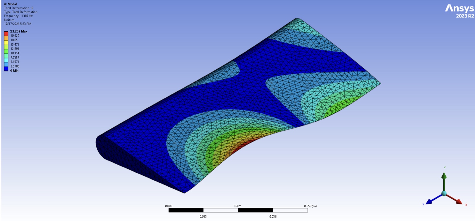 Ansys contour plot of airfoil mode 5 at 11385 Hz