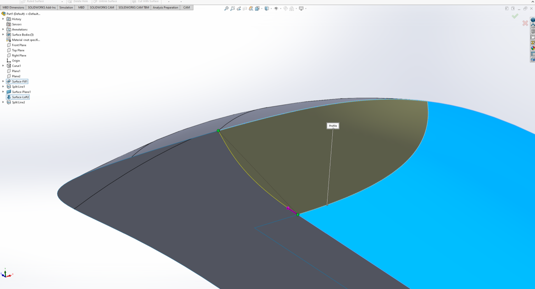 Surface loft with a tangency-to-face constraint building the side wall