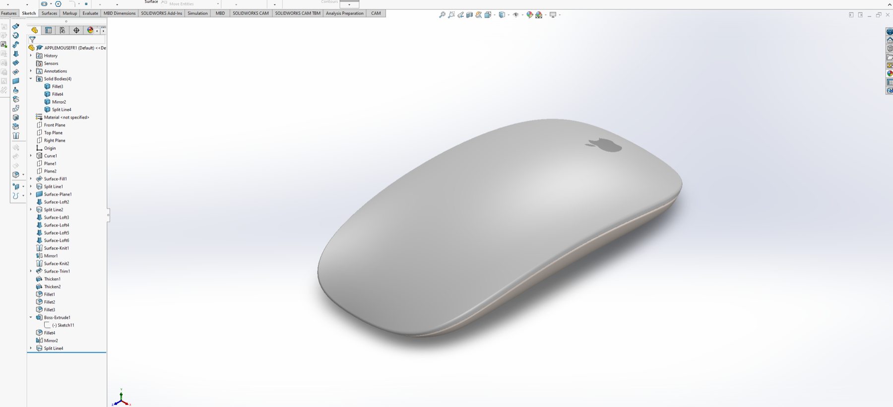 Completed model in SolidWorks beside its feature tree
