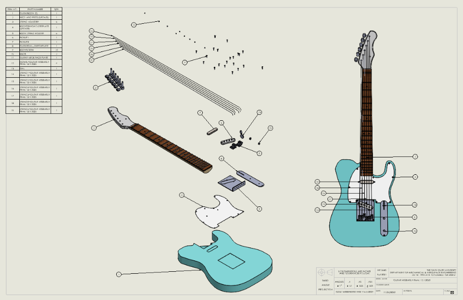 Exploded Telecaster CAD drawing with bill of materials